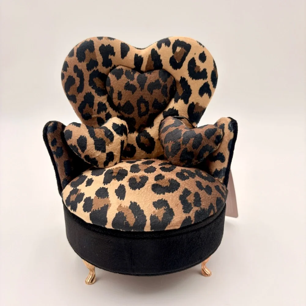 Willow & Riley Leopard Velvet Heart Armchair Jewelry Box Mirror Gold Legs NEW
